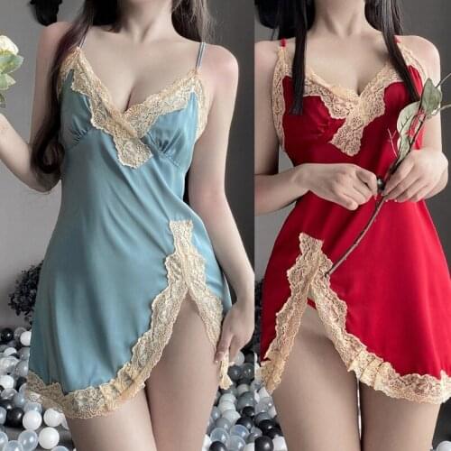 Women Sleepwear V-neck Seductive Lace Slit Suspender Nightdress Temptation Female Sling Adjustable Open Back Dress
