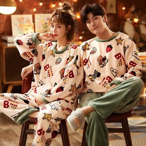 Women Coral Fleece Thickening Velvet Cartoon Winter Flannel Sleepwear Cartoon Pajamas Set