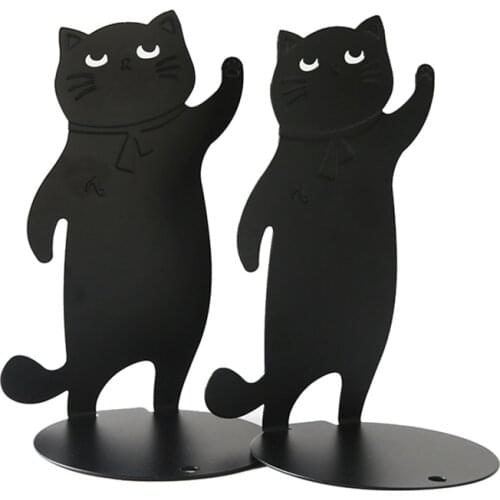 1 Pair Decorative Cat Theme Bookends, Heavy Duty Metal Vintage Shelf Decoration, Black Book Stand Support Magazines Bookends