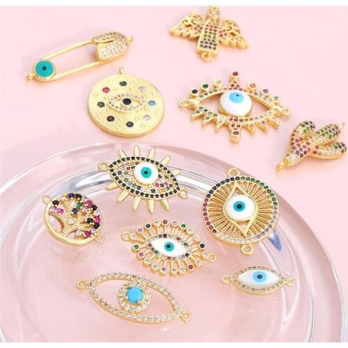 15Style Copper Evil Eye Cross Zircon Gold Plated Hollow Connector Charms For Bracelets Bohe Earrings Making DIY Jewelry Findings