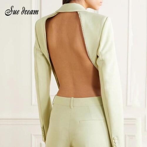 2020 Autumn New Fashion Sexy Hollow Out Backless Diamond Decoration Long-Sleeved V-Neck Single Button Coat Celebrity Club Dress