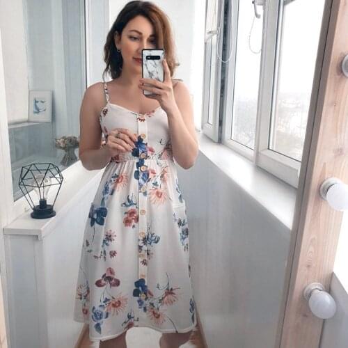 2021 Summer Beach Print Small Fresh V-neck Button Pocket Waist Sling Midi Dress