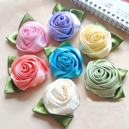 Wholesale 10Pcs/Lot Hand Made DIA 5Cm Satin Rose With Green Leaf Artificial Flower For Wedding Bouquet Decor DIY Accessories
