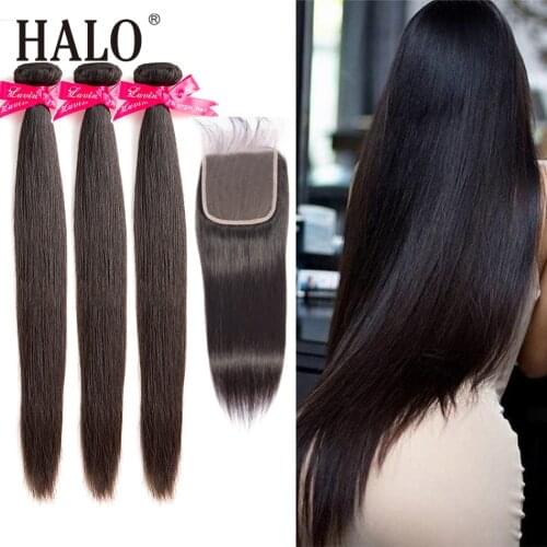 HALO 38 40 Inch Brazilian Straight Bundle Hair Weave 3/4 Bundles With 4x4 5x5 Lace Closure Remy Hair Women Human Hair Wholesaler