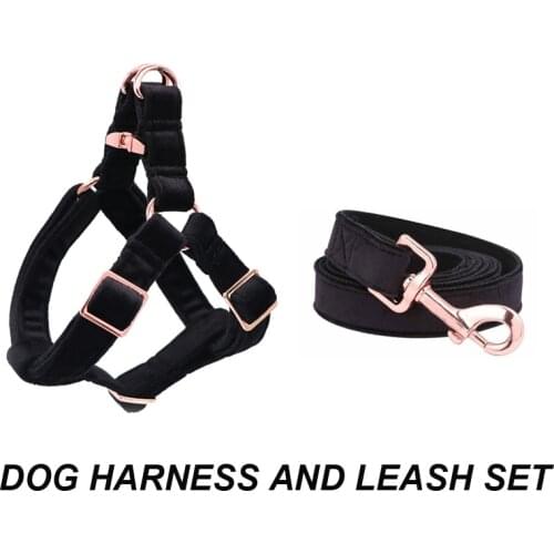 Black Velvet Dog Harness Basic Dog Leash Adjustable Buckle Cotton Fabric for Dog or Cat
