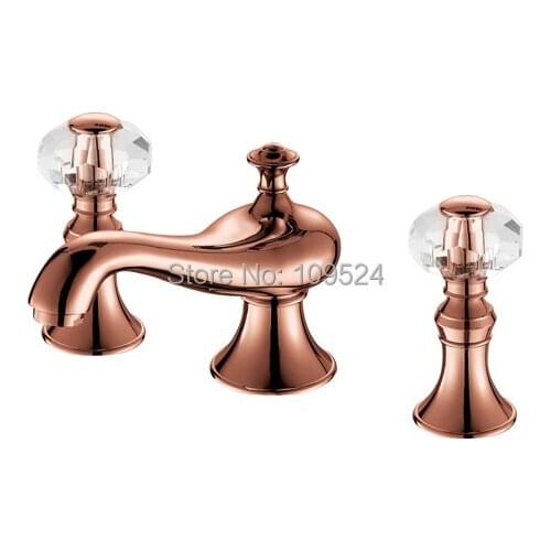 EMS(DHL)Free shipping PVD rose GOLD WIDESPREAD LAVATORY BATHROOM SINK FAUCET crystal handles knobs faucet