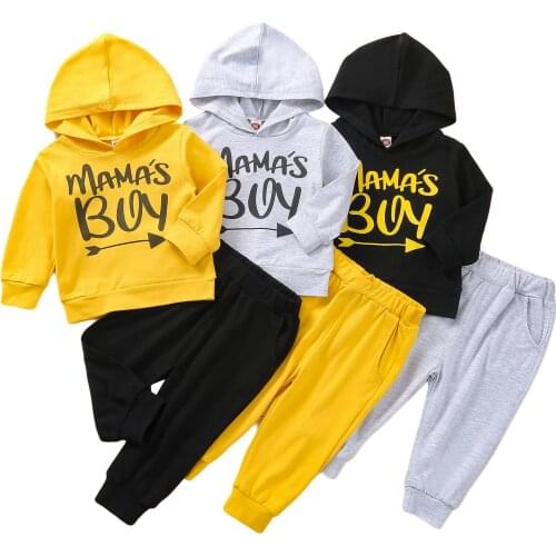 Baby Suit Set, Letter Print Long Sleeve Hooded Tops+ Solid Color Long Pants for Toddler Boys, 3-24 Months