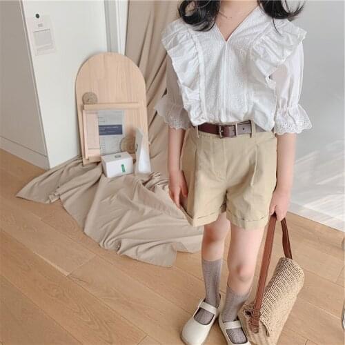 Girls Suit Baby Lace V-neck Blouse and Shorts Sets with Belt 2021 Summer New Toddler Girl Fashion Solid 2pcs Suits Girls Sets