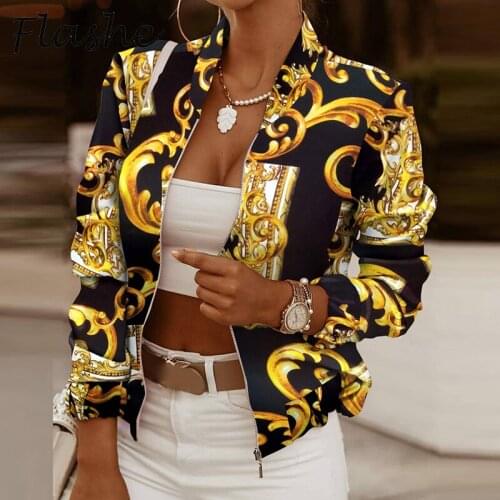 New Short Jacket Women Long Sleeve Coats Female Elegant Spring Autumn Zipper Outwear Office Ladies Print Casual Jackets 2021