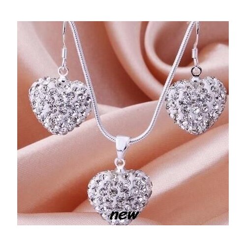 Multicolor 16 inch mixed Silver Beads Heart set drop earrings Necklace Pendant Snake Chains crystal hrtd3
