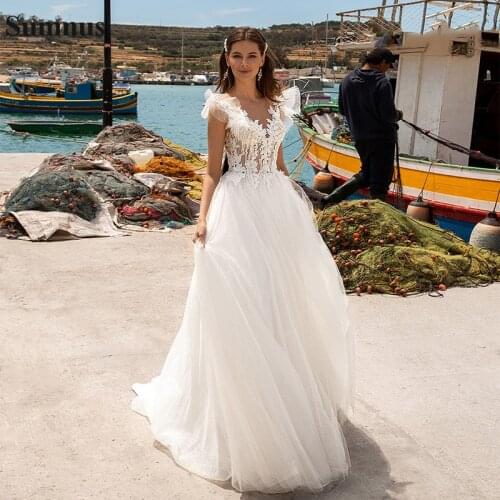 Sumnus Wedding Dress Princess 2020 V Neck lace Appliques Tull Bride Gown Illusion Back Bride Gown Vestido de Noiva