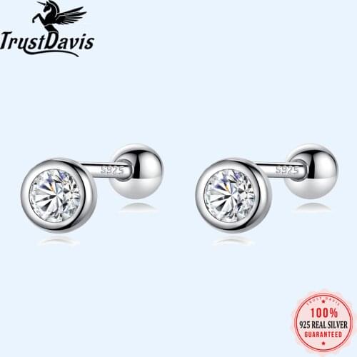 Trustdavis Real 925 Sterling Silver Round CZ Screw Beads Stud Earrings For Women Children Baby Girls Minimalist Jewelry DS98