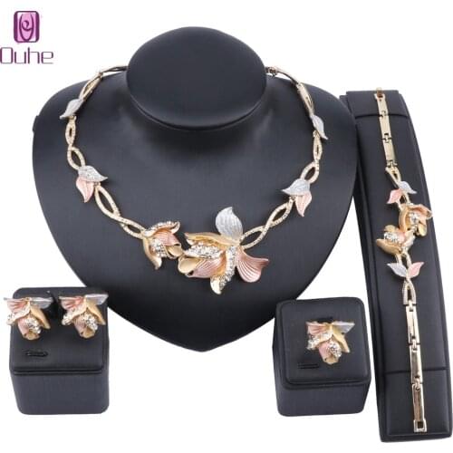 Bridal Dubai Gold Jewelry Sets Crystal Necklace Bracelet Earring Ring Wedding Party Women Fashion Jewelry Set