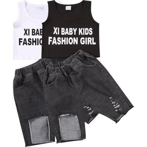 Citgeett Summer Kids Girls Vest and Shorts Suit Fashion Letter Sleeveless Tops Ripped Denim Short Pants Set