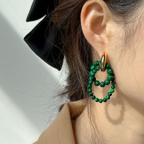 U-Magical Exaggerated Natural Round Bead Malachite Dangle Earring for Women Green Beach Copper Birthstone Earring Jewellery