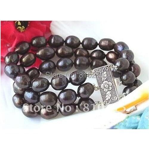 Amazing! 3Rows 8inch AA11-13MM Black Rice Freshwater Pearl Bracelet Fashion Jewelry Wholesale New Free Shipping