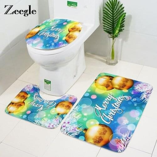 Zeegle Christmas Bath Mat Bathroom Carpet Floor Mat Set 3pcs Europe Joyous Bath Mat Anti-Slip Shower Toilet Rug