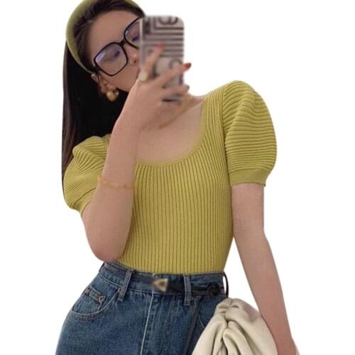 Women Elegant Tshirt Solid Color Square Collar Short Sleeve Knitted Korean Style Sweet Tee Shirt Femme
