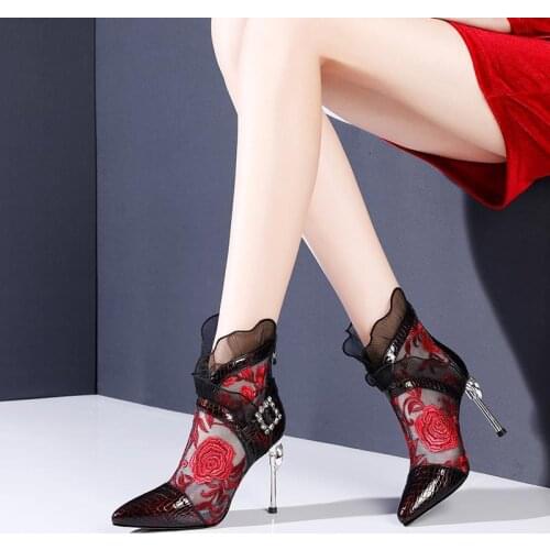 2021 hot HIgh Heeled Sandal Boots Womens Shoes Woman Sexy Lace High Heels Pointed toe Thin Heel Rhinestone Black Red