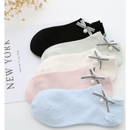 YSMILE Y Women Sweet Solid Ankle Length Sock Hand Made Bow Tie Spring Summer All Match Low Cut Cotton Sock Female Girl Sox