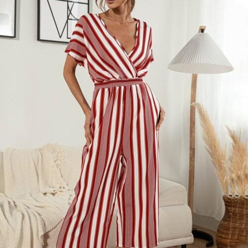 Striped Summer Women Jumpsuit Short Sleeve Sexy V-neck Stripe Ladies High Waist Cropped Rompers 2021 Fashion Homewear Jumpsuits