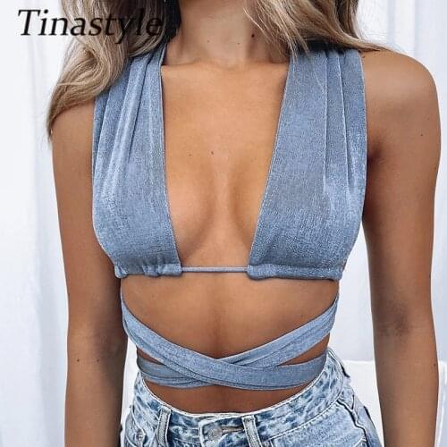 Tinastyle Sleeveless Bandage Sexy Crop Top Women Camis Halter Backless Short Summer Corset Tank Top Casual Party Y2K Top Tees