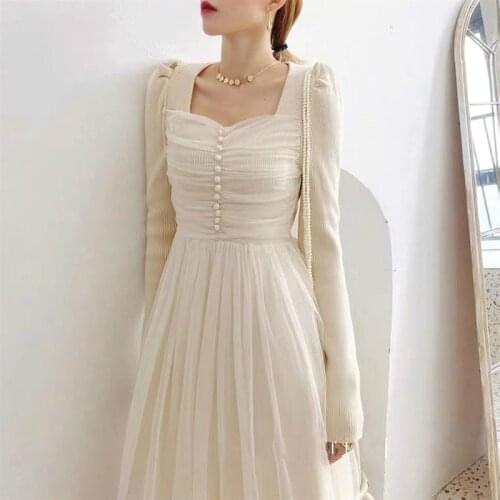 Sweet Lace Knit One Piece Dress Korean Causual Long Sleeve French VIntage Dress Women Fashion Evening Party Dress Female Winter