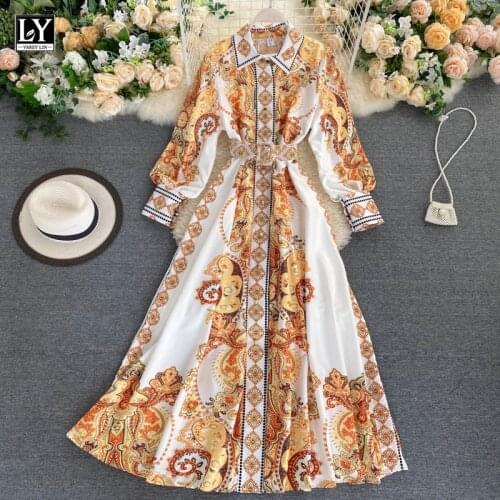 LY VAREY LIN Spring Autumn Women Vintage Print Turn-down Collar A-line Dress with Belt Lady Long Sleeve High Waist Long Dress