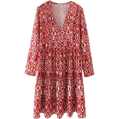 YENKYE New Fashion Women Vintage Red Print Casual Dress Female Ruffle V Neck Long Sleeve Loose Dress Summer Short Vestido