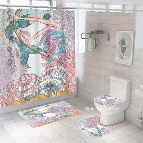 Marine Creatures Mermaid Dolphin Shark Octopus Waterproof Shower Curde Toilet Cover Mat Non-slip Carpet Children 4-piece Set
