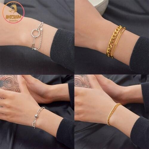 Akizoom Vintage Fashion Link Chain Rhinestone Bracelet for Women Stainless Steel Korean Unisex Wrist Birthday Jewelry Gift