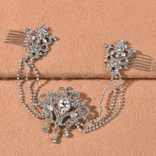 Antique Silver Long Comb Bridal Hair Comb with Barette Women Tiaras Crystal Rhinestone Handmade Wedding Accessories Head Jewelry