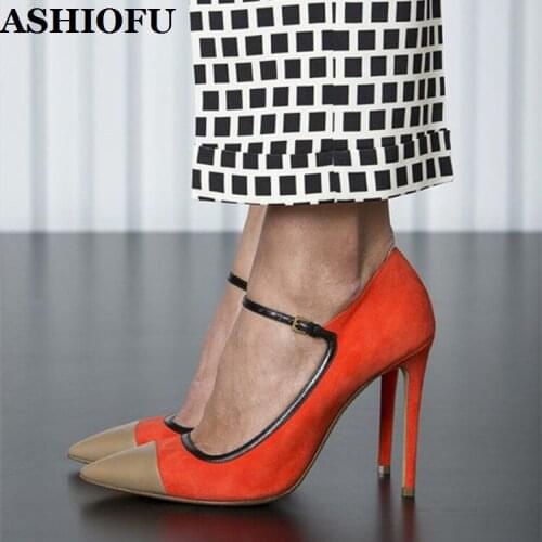 ASHIOFU Handmade Ladies High Heel Pumps Mary Janes Sexy Party Prom Shoes Patchwork Evening Fashion Court Shoes