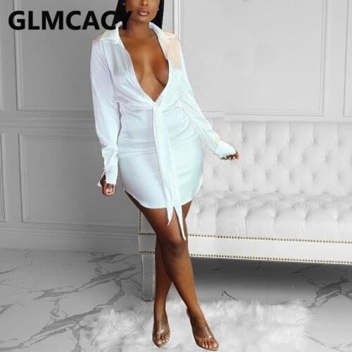 Long Sleeve V Neck Satin Shirt Dress Elegant Bodycon Mini Dress