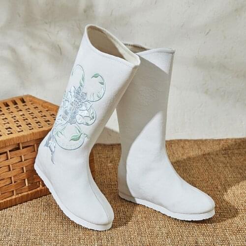 Chinese Style Lotus Embroidered Hanfu Boot Tang Ancient Women Autumn Winter Retro Fur Plush Shoes Zipper Vintage Knight Boots