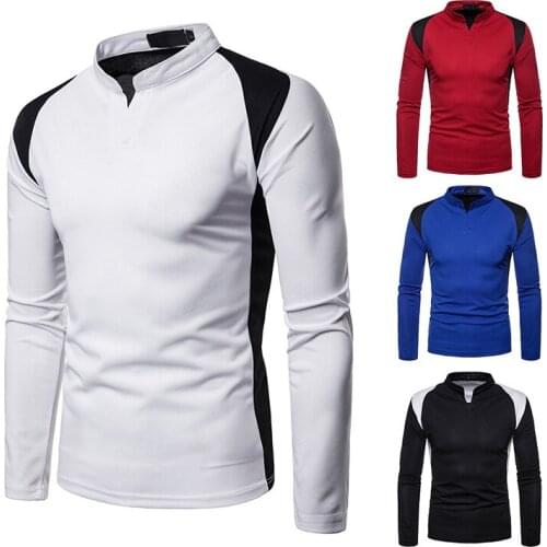 Mens T-Shirt Long Sleeve Henry Collar Irregular Stitching Pullover T-Shirt Casual Patchwork Slim Type Tops