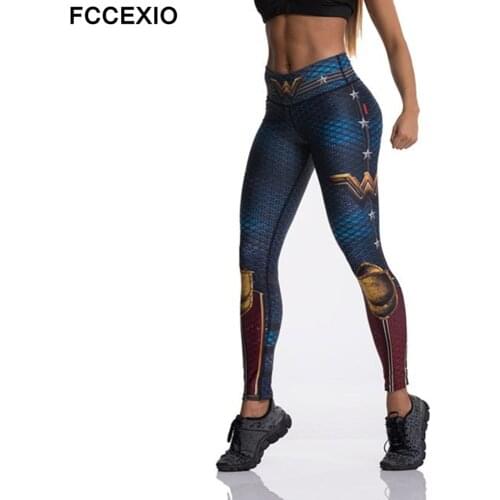 FCCEXIO Tibetan Blue Captain Fight Push Up Workout Leggings Slim High Waist Jeggings Women Sexy Sportswear Leggings Workout