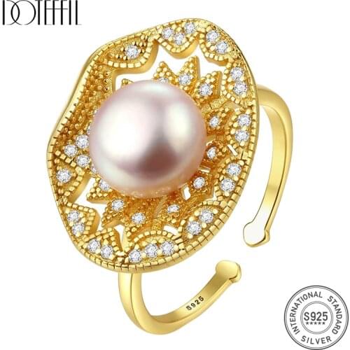 DOTEFFIL New Real 925 Silver Disc Ring Resizable Natural Freshwater Pearls Ring Jewelry Women Wedding Female Gift High Guality