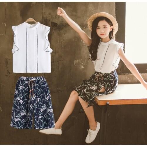 Summer Clothing Set for Girls Floral Girls Suit Sleeveless Children Clothes Set Holiday Clothes Teen Girls T-shirt and Pant Suit