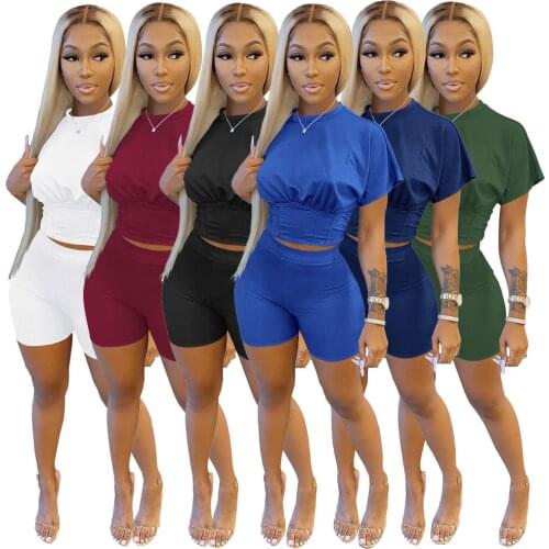 Summer 2 Piece Biker Shorts Sets Womens Outfits Short Sleeve O Neck Corset Crop Top Casual Solid Clothing Fashion Streetwear