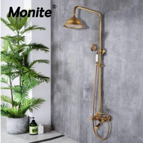 Monite 8 Inch Antique Brass Flexible Retro Vintage Wall Mount Bathroom Shower Head Control Valve Hand Sprayer Outlet Shower Set