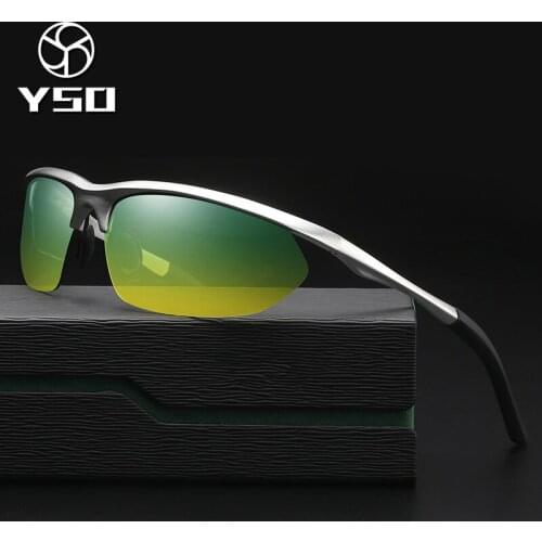 YSO Sunglasses Men Polarized UV400 Aluminium Magnesium Frame HD Night Vision Driving Glasses Semi Rimless Accessory For Men 8124