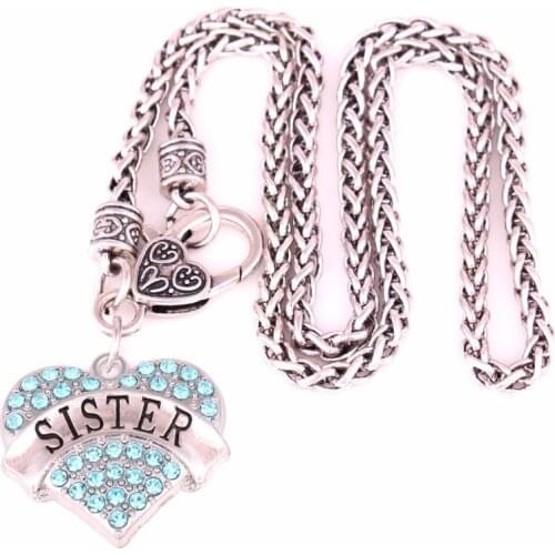 Drop shipping Sister Heart necklace Pave Crystal Heart Charm With 18" wheat link Chain Necklace Family Member Jewelry