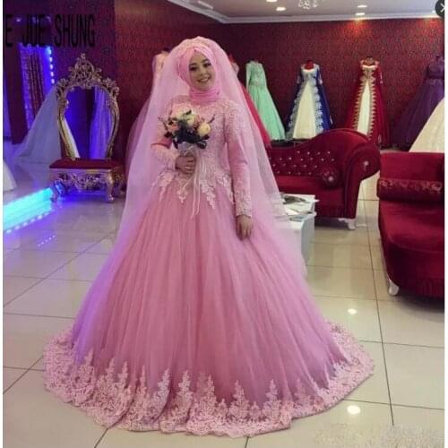 E JUE SHUNG Pink Muslim Wedding Dresses High Neck Long Sleeves Lace Appliques Tulle Robe De Mariage Dubai Arabic Wedding Gowns