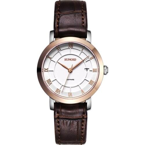 RUNOSD Ladies Watch Luxury Fashion Rose Thin Stainless Steel Dial Miyota Quartz Movement Sapphire Crystal Leather Strap 5135L