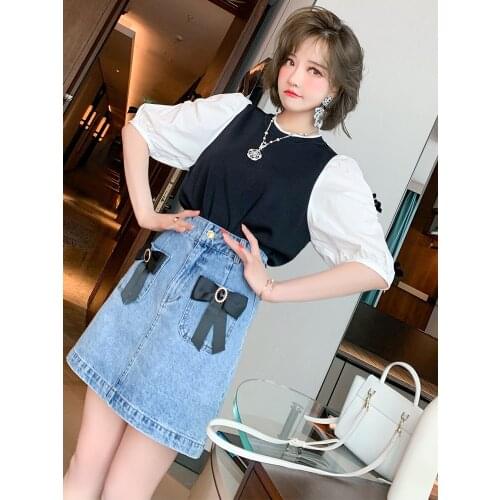 Top Quality Big round neck contrast stitching bubble sleeve nail bead bow top womens summer new