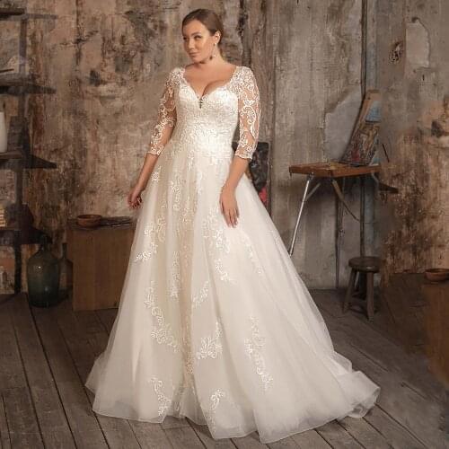 Gorgeous A Line Bridal Gown Womens V Neck Three Quarter Sleeves Applique Sweep Train Plus Size Wedding Dress