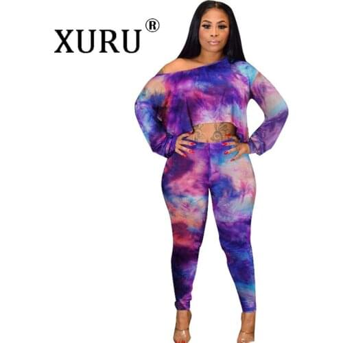 XURU Hot Europe and America sexy womens jumpsuit two-piece off-the-shoulder print nightclub jumpsuit suit