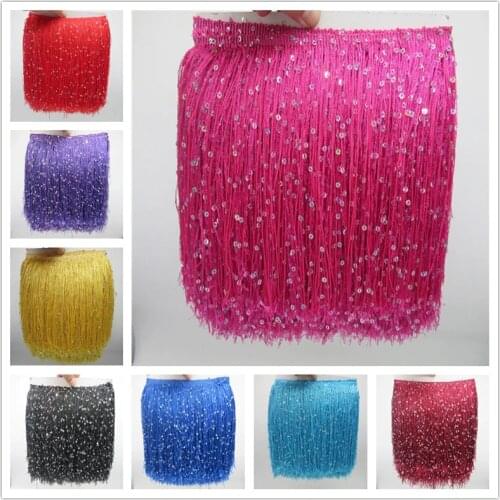 YY-tesco 10 Meters 20CM Long Polyester Sequins Tassel Fringe Lace Trim Ribbon Sew Latin Dress Stage Garment Curtain Accessories