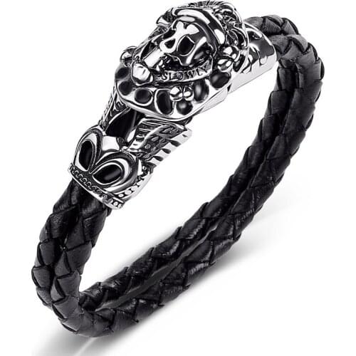 ZAER Mens Bracelet Punk Hip-Hop Stainless Steel Skull With Mens Leather Braided Bracelet Custom Saser Size Jewelry